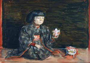 Portrait assis de Reiko avec une poupée